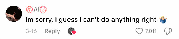 Social media comment saying, “I'm sorry, I guess I can't do anything right,” highlighting frustrating apologies.