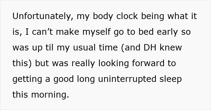 Text describing a mom of 3 wanting uninterrupted sleep, but her husband disrupts it.