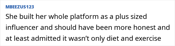 Text on a white background discussing a plus-size influencer's approach to weight-loss transparency.