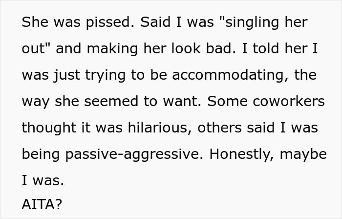 Text about coworker disputes over cooking and passive-aggressive behavior. Text about coworker disputes over cooking and passive-aggressive behavior.