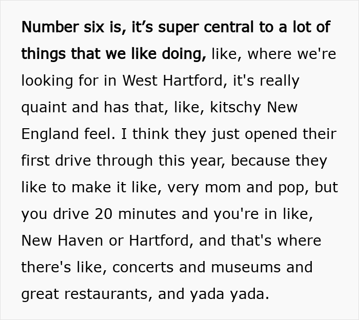 Text excerpt about moving to a blue state highlighting attractions in West Hartford and New Haven.