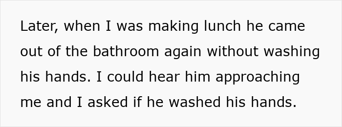 Text discussing a grown man not washing hands, troubling a woman with OCD.