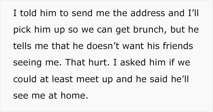 Text from a conversation discussing brunch and feelings about friends seeing them. Text from a conversation discussing brunch and feelings about friends seeing them.