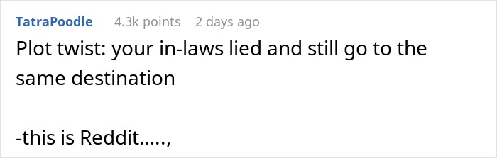 Comment about future in-laws vacationing at the same honeymoon spot, displayed on a Reddit thread.