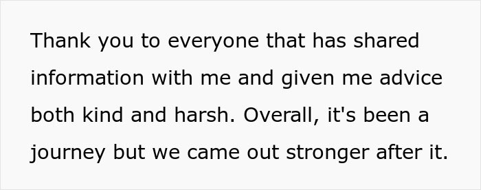 Text appreciation, thanking advice-givers for the journey, emphasizing strength gained from the experience.