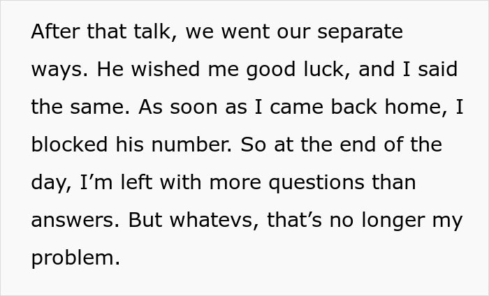 Text message about ending a relationship and blocking a number, mentioning unresolved questions.
