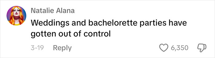 Comment on weddings and bachelorette party expenses by Natalie Alana with high engagement.