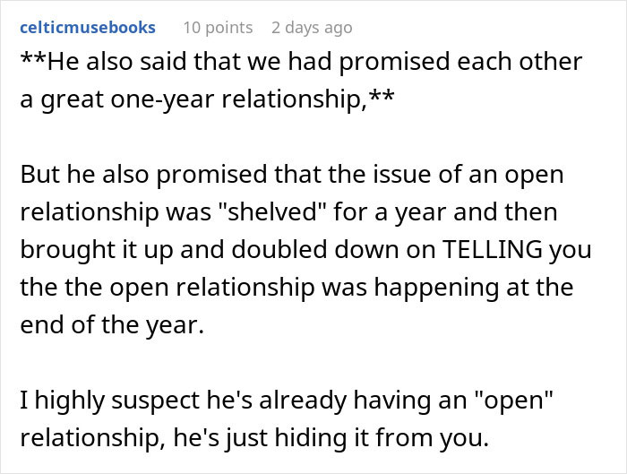 Text describing a partner discussing the idea of an open relationship after a promise of a committed one-year relationship.