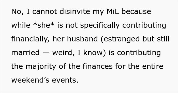 Text discussing the complex dynamics of finances and expectations for wedding invitations involving a mother-in-law.