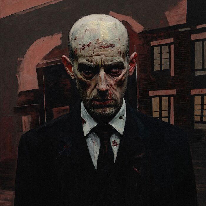 Eerie scenery of a stern man in a suit, painted against an industrial backdrop, embodying decay and folklore.