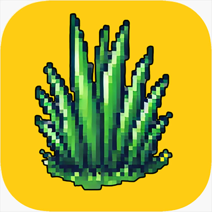 Pixelated grass icon on a yellow background representing a controversial app.