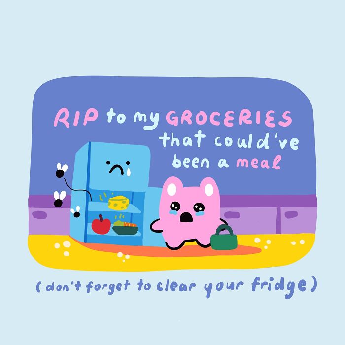 Cute character illustration with sad fridge lamenting spoiled groceries; don't forget to clear your fridge.