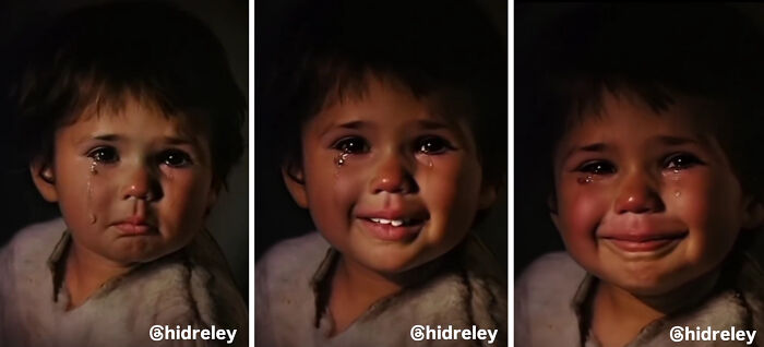 Three images showing Bragolin’s crying children gradually transformed into smiling faces using AI enhancement.