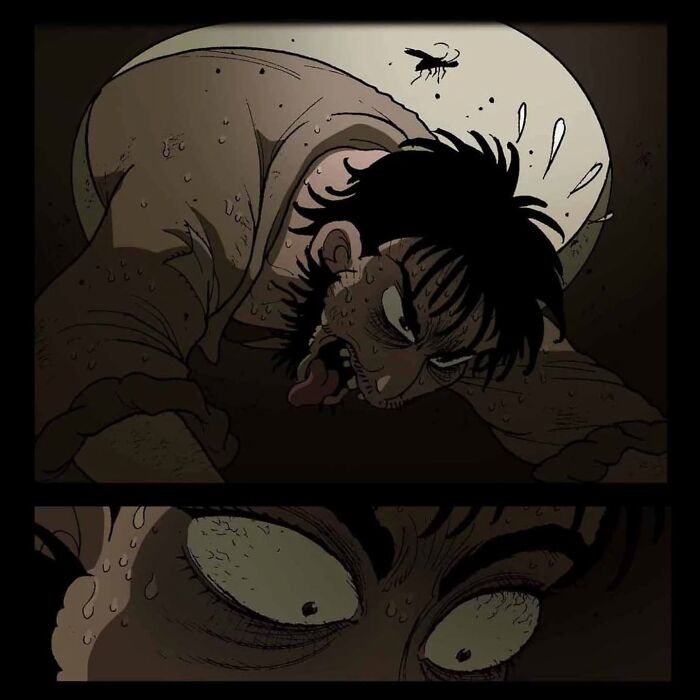A terrified man in a dark setting from DarkBox Comics, with a shocked expression and sweating profusely.