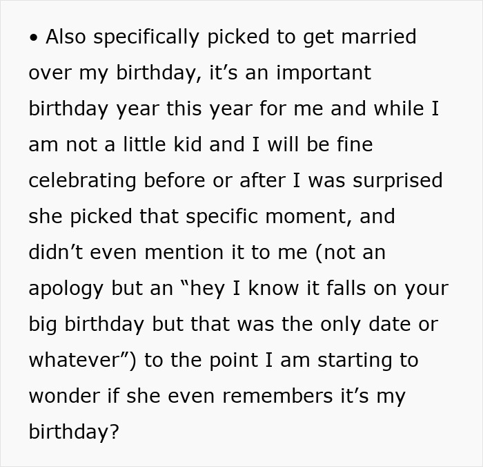 Text outlining concerns about a friend's wedding date conflicting with a personal birthday celebration. Text outlining concerns about a friend's wedding date conflicting with a personal birthday celebration.