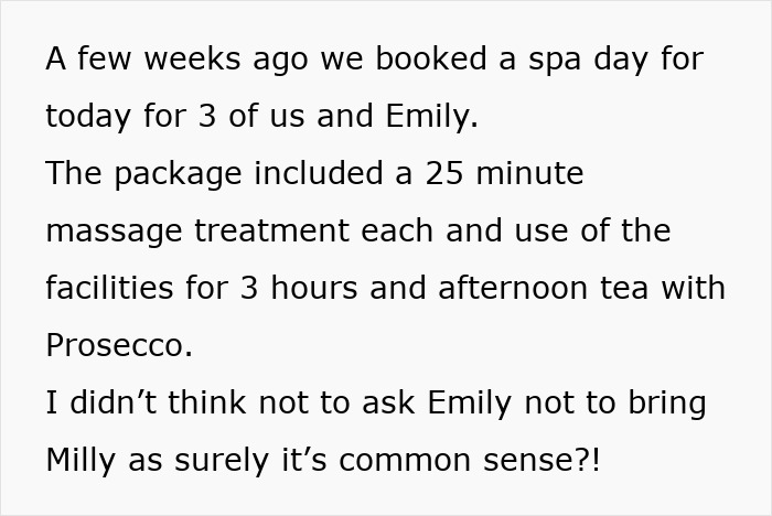 Text conversation about a spa day, mentioning bringing a child where kids aren't allowed.