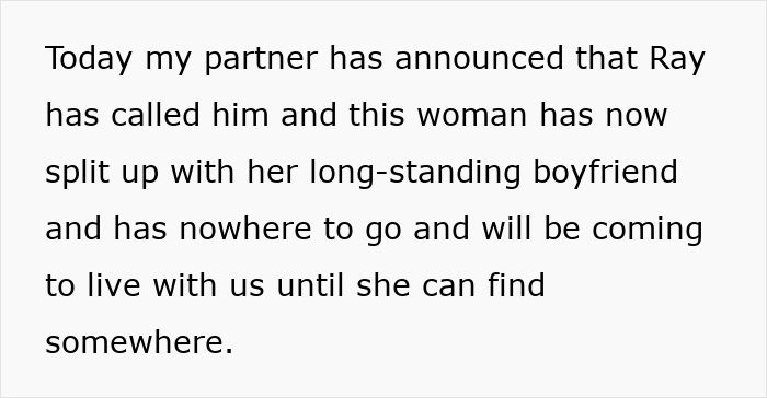 Text about a couple's friend inviting a woman to stay with them, causing upset.