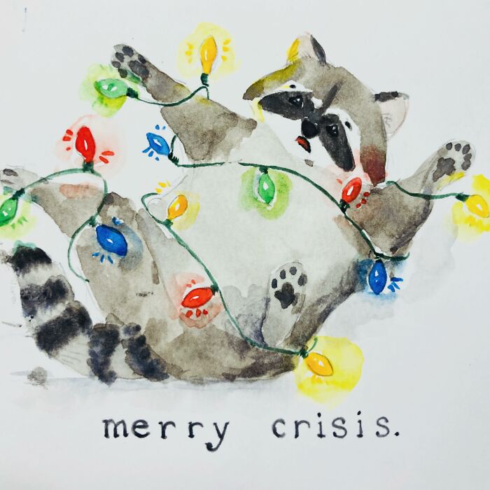 Watercolor painting of a sassy raccoon tangled in colorful lights with the phrase "merry crisis."
