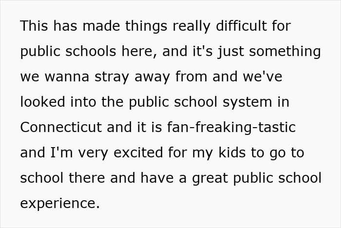 Text excerpt about a mom's reasons for moving to a blue state for better public schools in Connecticut.