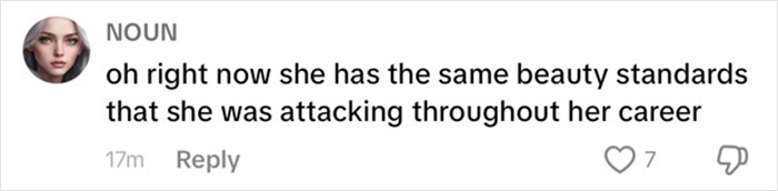 Comment discussing beauty standards and weight loss transformation.