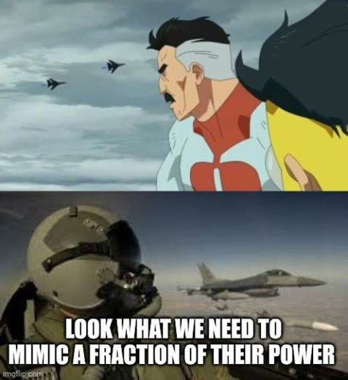 Animated character and pilot both observe jets, highlighting the literal humor in comparing their power.