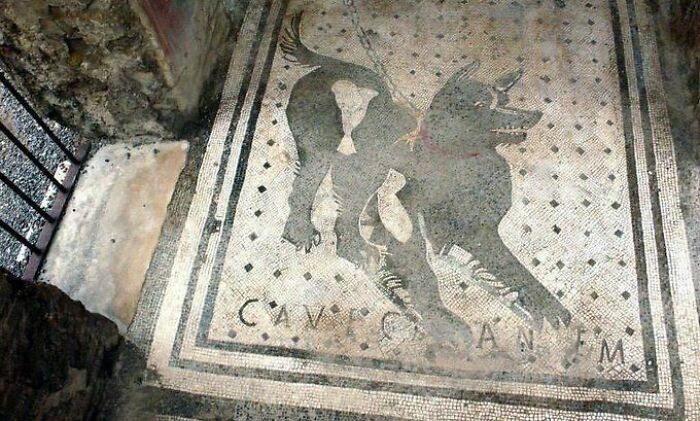Ancient mosaic of a black dog with "Cave Canem" text, demonstrating Time-vs.-Things with preserved historical art.
