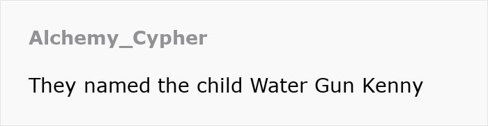 Text post humorously confusing child's name with "Water Gun Kenny" related to Megan Fox and MGK's celestial seed announcement.