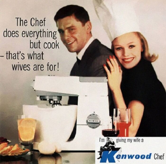 Retro ad with a couple, promoting a kitchen mixer, highlighting outdated roles. Ridiculous looking back now.