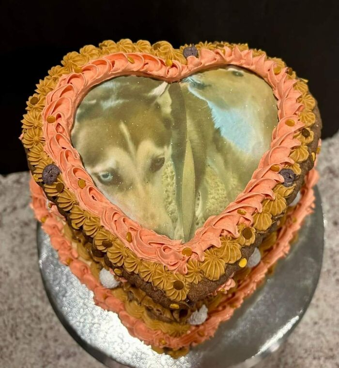 Heart-shaped cake with frosting decorated with a dog photo, showcasing a funny baking fail.