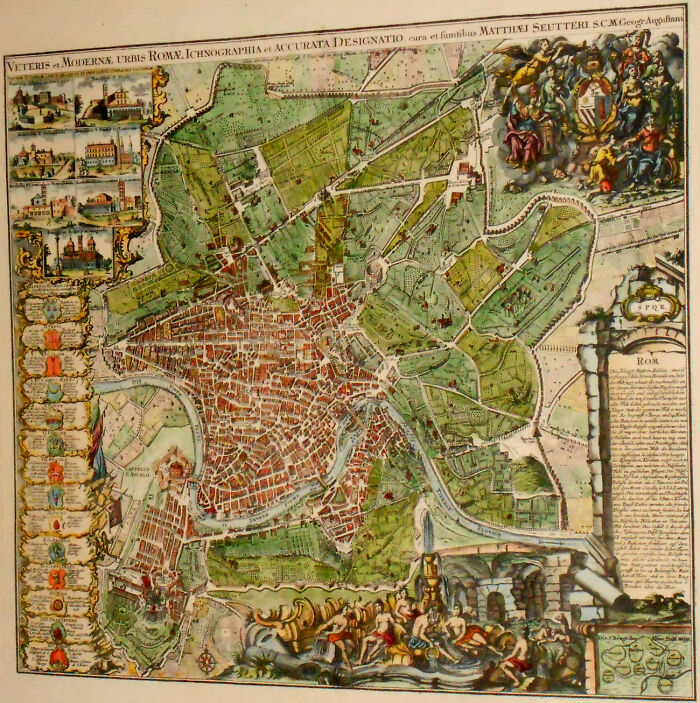 Historical map of Rome with intricate details, showcasing old exploration and navigation routes.