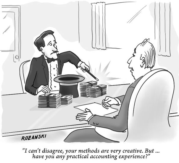 Magician demonstrating creative accounting in a humorous cartoon setting.