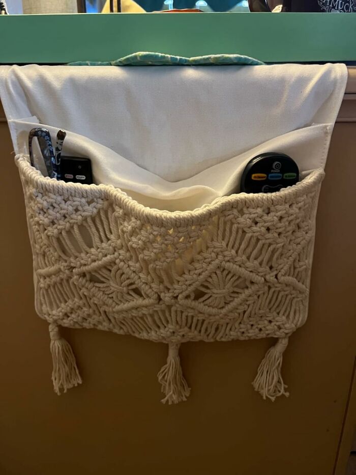 Macramé wall pocket organizer holding scissors and remote, showcasing quirky gems for adding fun and functionality to your life.