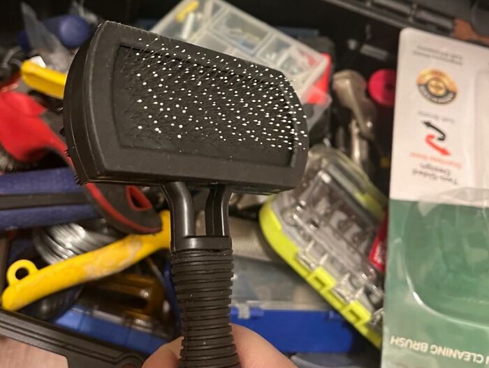 A slicker brush held over a cluttered toolbox, hinting at things your contractor hoped you'd never find out.