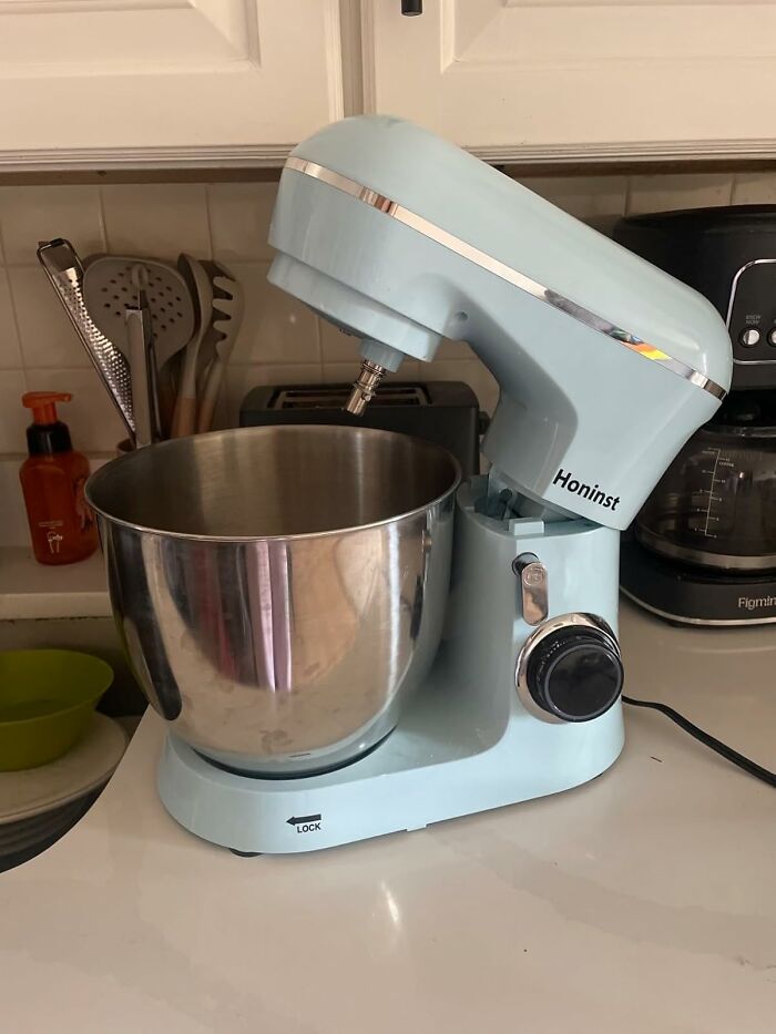 A light blue stand mixer on a kitchen counter, highlighting a spring kitchen find.