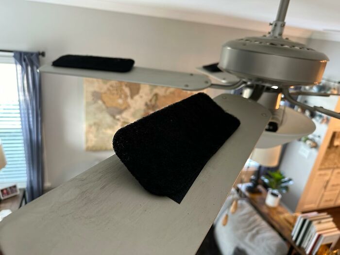 Ceiling fan blades with black dusting cloths improving quality of life in a cozy living room.