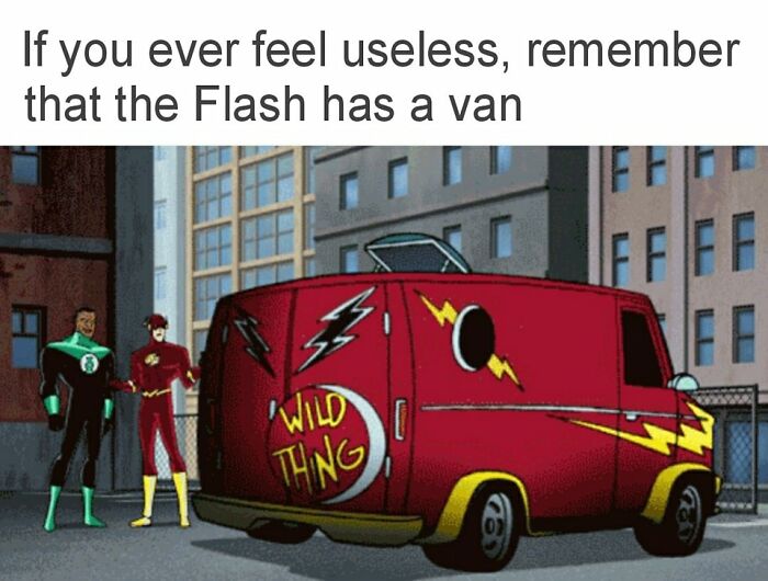 Humorous cartoon meme of the Flash with a red van marked "Wild Thing" in an urban setting.