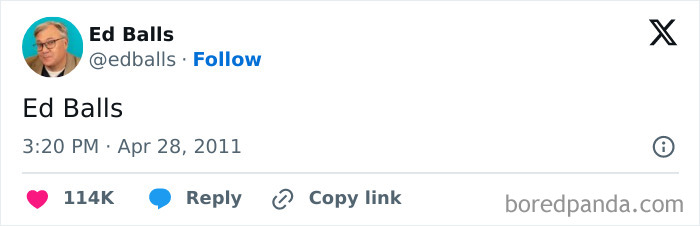 Tweet by Ed Balls posted on April 28, 2011, gaining 114K likes, related to worst social media posts.