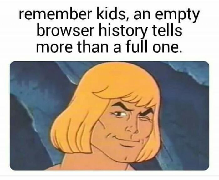 Cartoon character winking with text about browser history, evokes nostalgia.