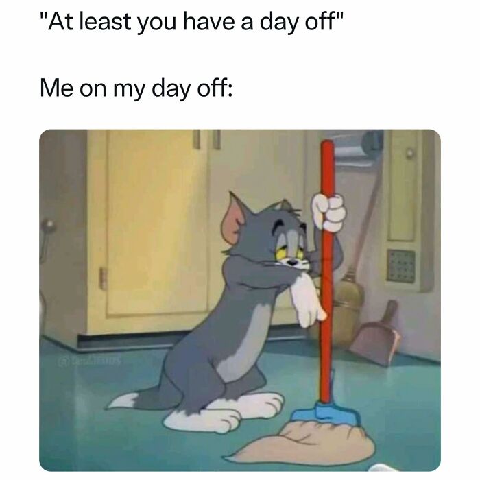 Nostalgic cartoon character mopping on a day off, looking tired.