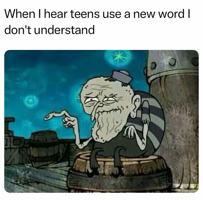 Old cartoon character looking confused, reacting to modern slang, surrounded by a nautical setting.