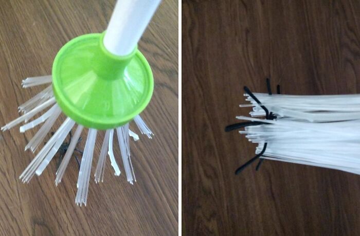 Unique broom head made from zip ties, featuring a green handle, showcasing an extraordinary use of ordinary items.