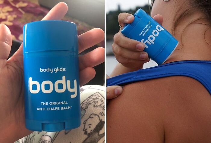 Blue anti-chafe balm being applied to shoulder, helping reduce the chaos of adult life.