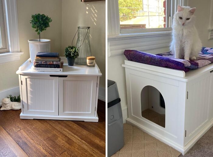 White dual-purpose furniture with storage, topped with decor and featuring a cozy space for pets.