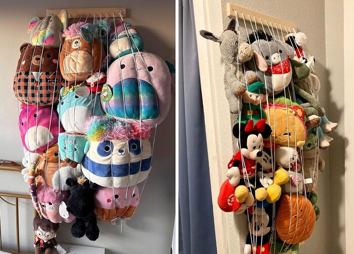 Genius furniture solution: stuffed animals organized in a vertical wall-mounted storage display.