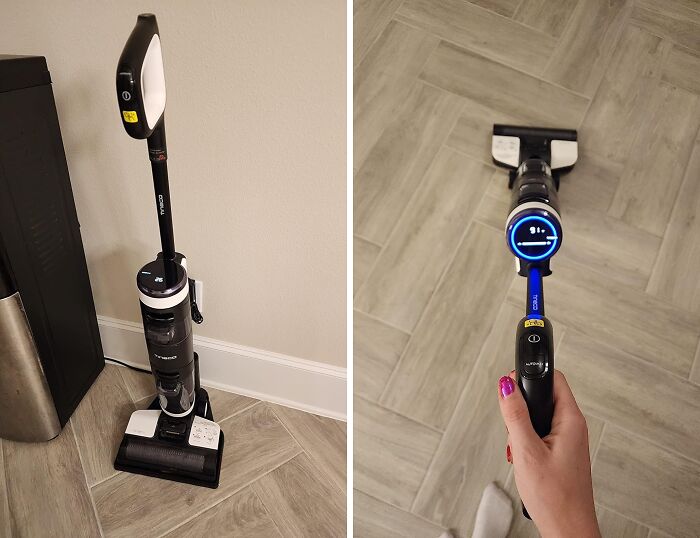 Cordless vacuum cleaner being charged and used, highlighting frugal money-saving tips for cleaning.