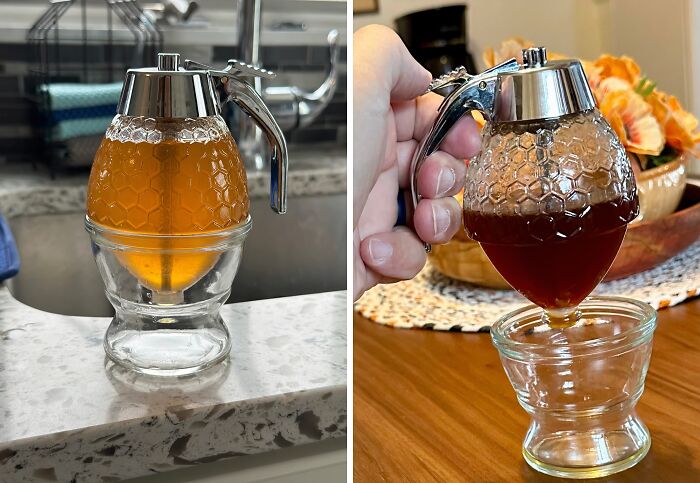 Glass honey dispenser in use, an essential tool for a problem-free kitchen life.
