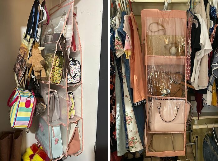 Hanging organizers with purses for spring cleaning in a closet.