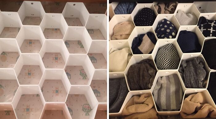 Honeycomb drawer organizers used for efficient spring cleaning and Marie Kondo-inspired tidying.