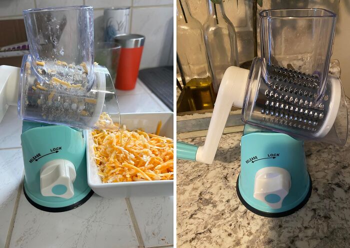Manual cheese grater in use, shredding cheese into a dish, enhancing a problem-free kitchen life.
