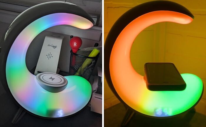 Colorful crescent moon-shaped lamp with wireless charging pad, blending ordinary design with extraordinary features.